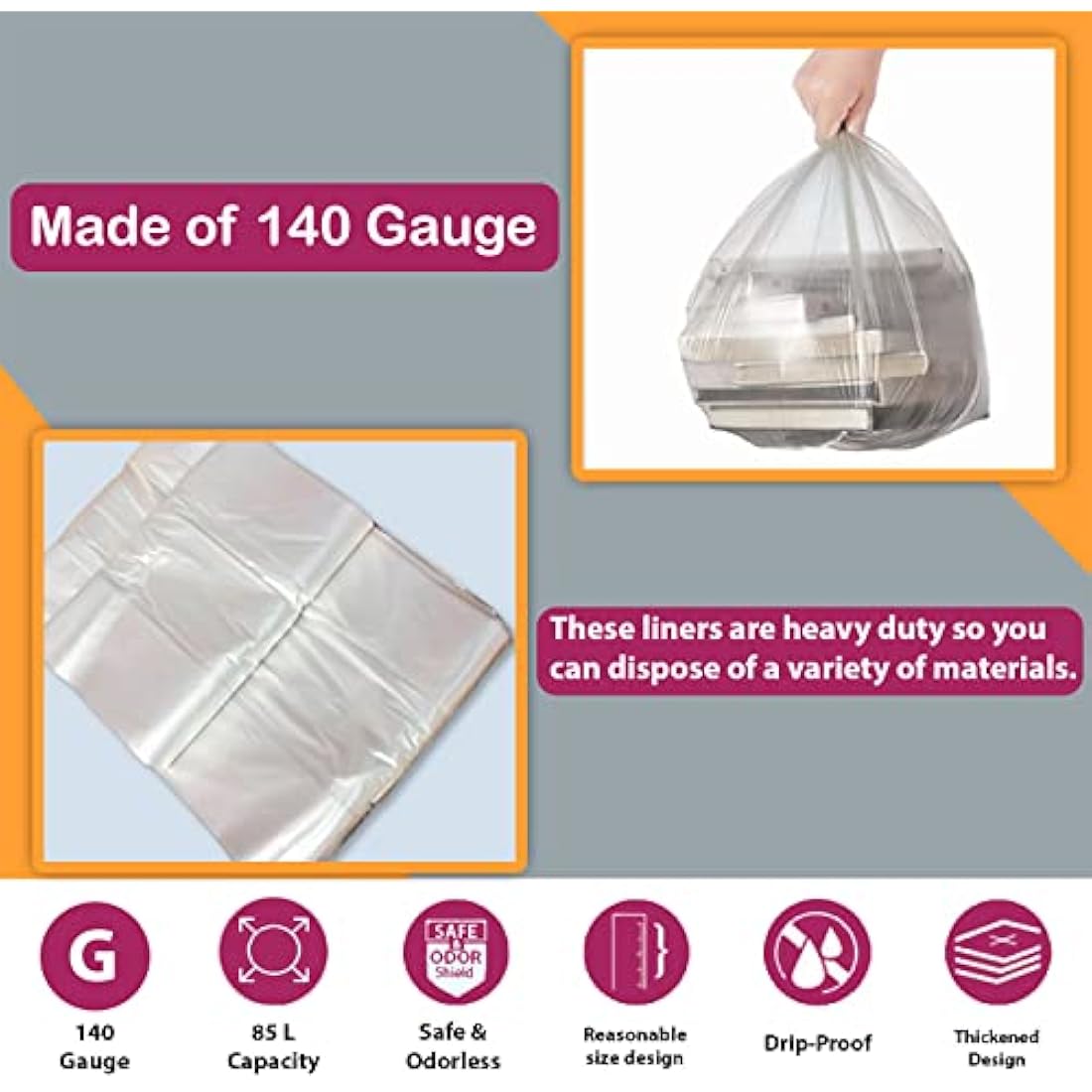 200 Large Strong Clear Bin Bags (18 x 29 x 39 Inches) - Plastic Recycling Bin Liners - 140 Gauge Trash Bags for Rubbish, Waste, Refuse & Dustbin Sacks - 85 Liters