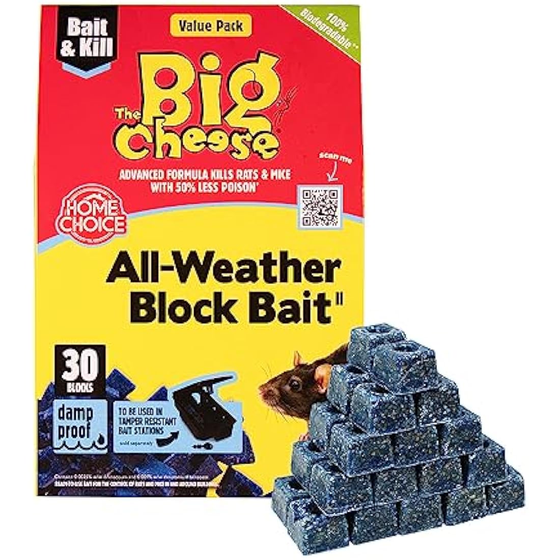 The Big Cheese All-Weather Block Bait - 10g x 30 Kills Mice and Rats Damp-Proof, Weather-Resistant, Blue Difenacoum