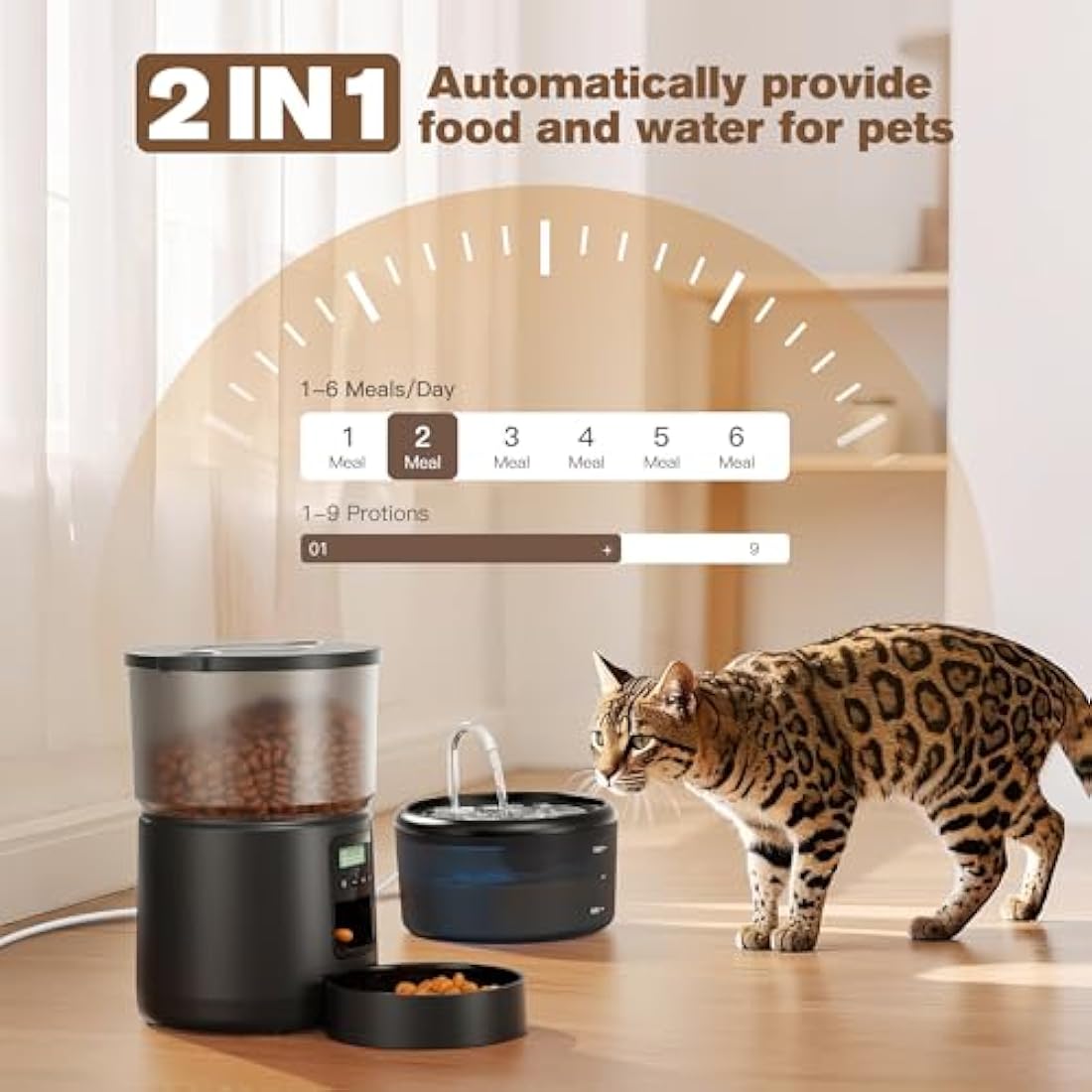 Automatic Cat Feeder and Water Fountain: Cat Food Dispenser with Timer and Pet Drinking Fountain Indoor, 3L Pet Feeder for Dry Food &2.4L Faucet Water Fountain Black, Auto Dog Bowl Programmable 6 Meal