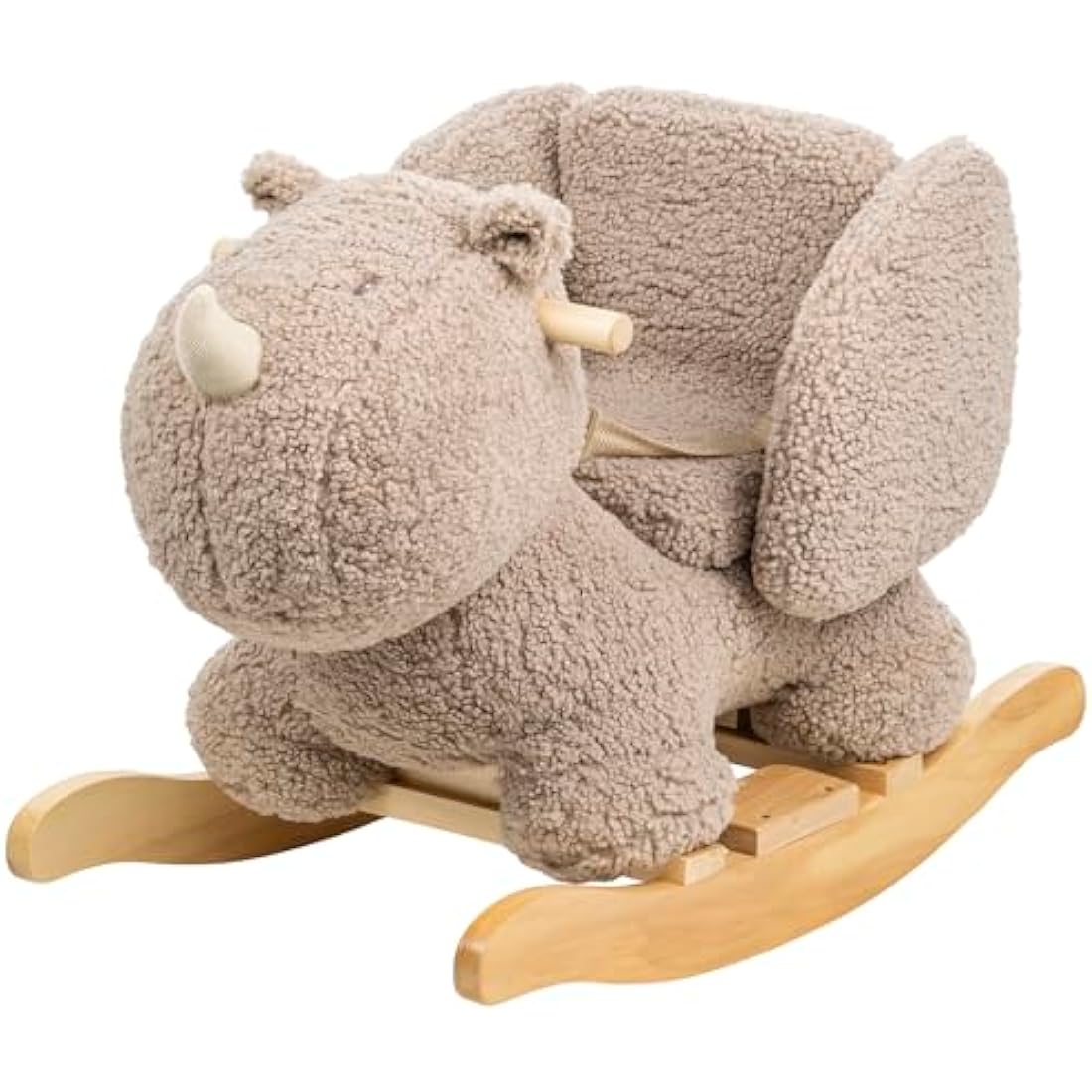 Nattou Wooden Rocker, Fully Padded Seat, Side Supports, Safety Belt, Handles For Small Hands, PETA-Approved Vegan, Soap-Water Cleaning, Super Soft Teddy Fabric Material, 10-36 Months, Taupe Rhino