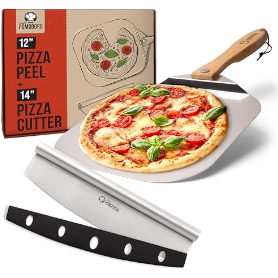 Chef Pomodoro Pizza Peel, Pizza Paddle with Safety Backstep and Foldable Wood Handle for Easy Storage, Metal Pizza Peel for Baking Homemade Pizza (30.5 x 35.6 cm + 35.5 Cutter)