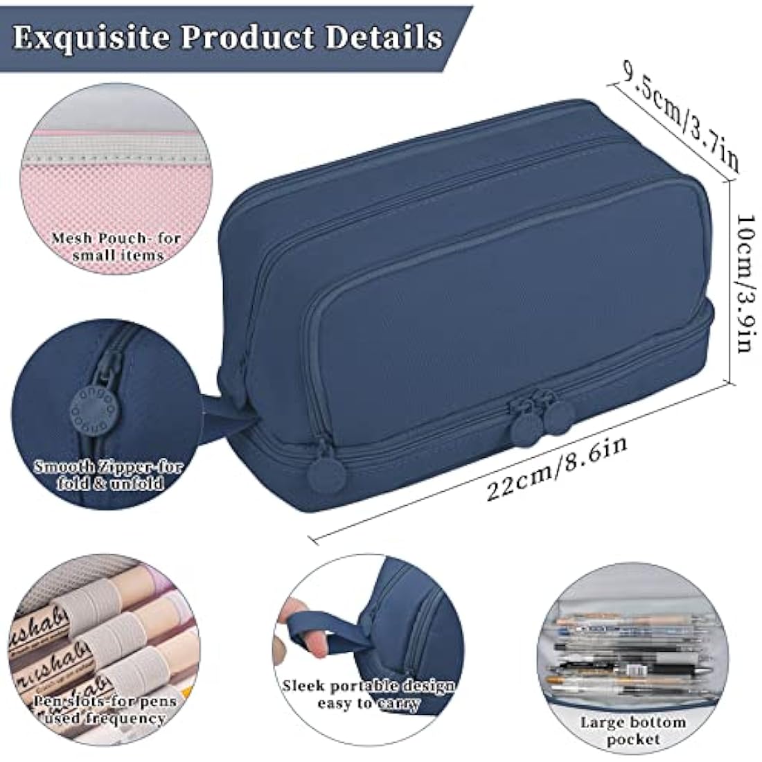 Tesmien Pencil Case, Large Pencil Case with 4 Compartments Stationery Organizer for Boys and Girls, Aesthetic Pencil Bag Suitable for Kids Teenagers Students Women Men, Dark Blue