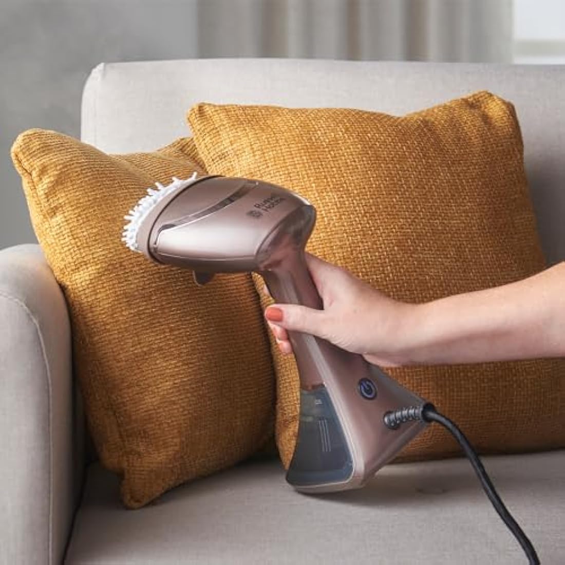 Russell Hobbs Handheld Clothes Steamer [Multipurpose, Antibacterial] Steam Genie Aroma (1800W, 32g/min steam, travel iron, Ceramic, 4 accessories: fragrance diffuser,curtains, clothes) - 28040