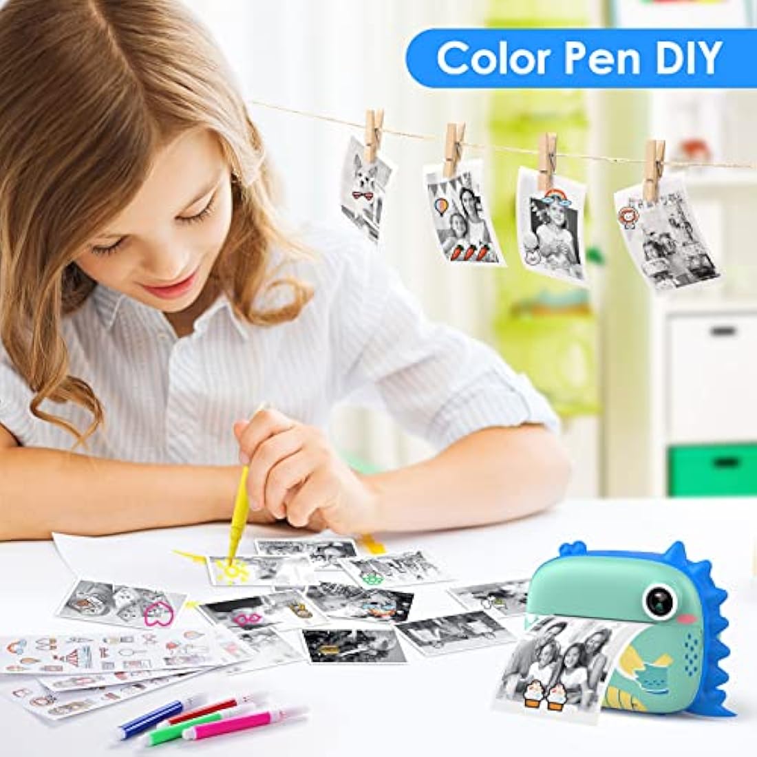 HiMont Kids Camera Instant Print, Digital Camera for Kids with No Ink Print Paper & 32G TF Card, Selfie Video Camera with Color Pens for DIY, Fun Gift for Girls Boys 3-14 Years Old (Blue)