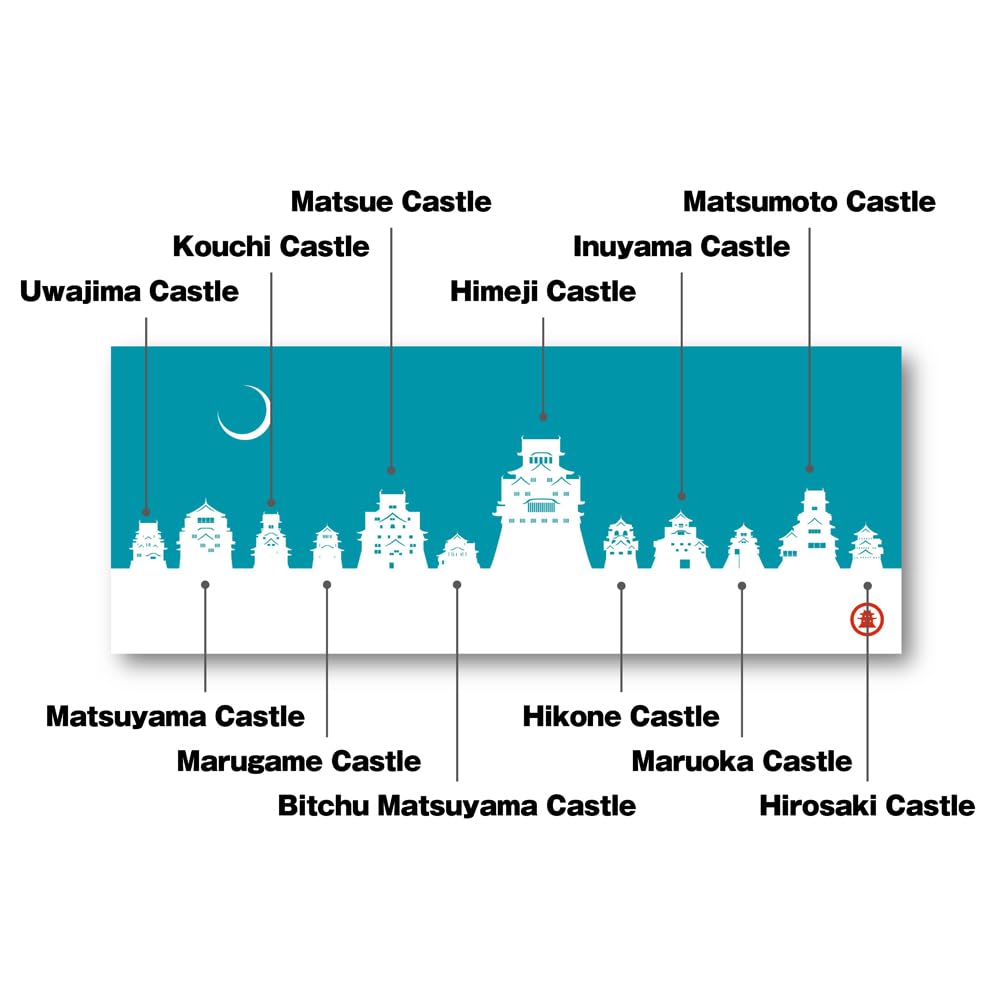 [Nippon Castle Tour] Tenugui Hand Towel, Existing 12 Tenshu Castles, Sengoku Historical National Treasures, 5 Castles, World Heritage (White x Asagi))
