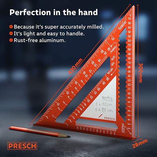 Presch Carpenters Square 300mm | Innovative wipeable note surface | High-precision milled aluminum for permanently accurate 90° angles | Carefully crafted, resilient coating