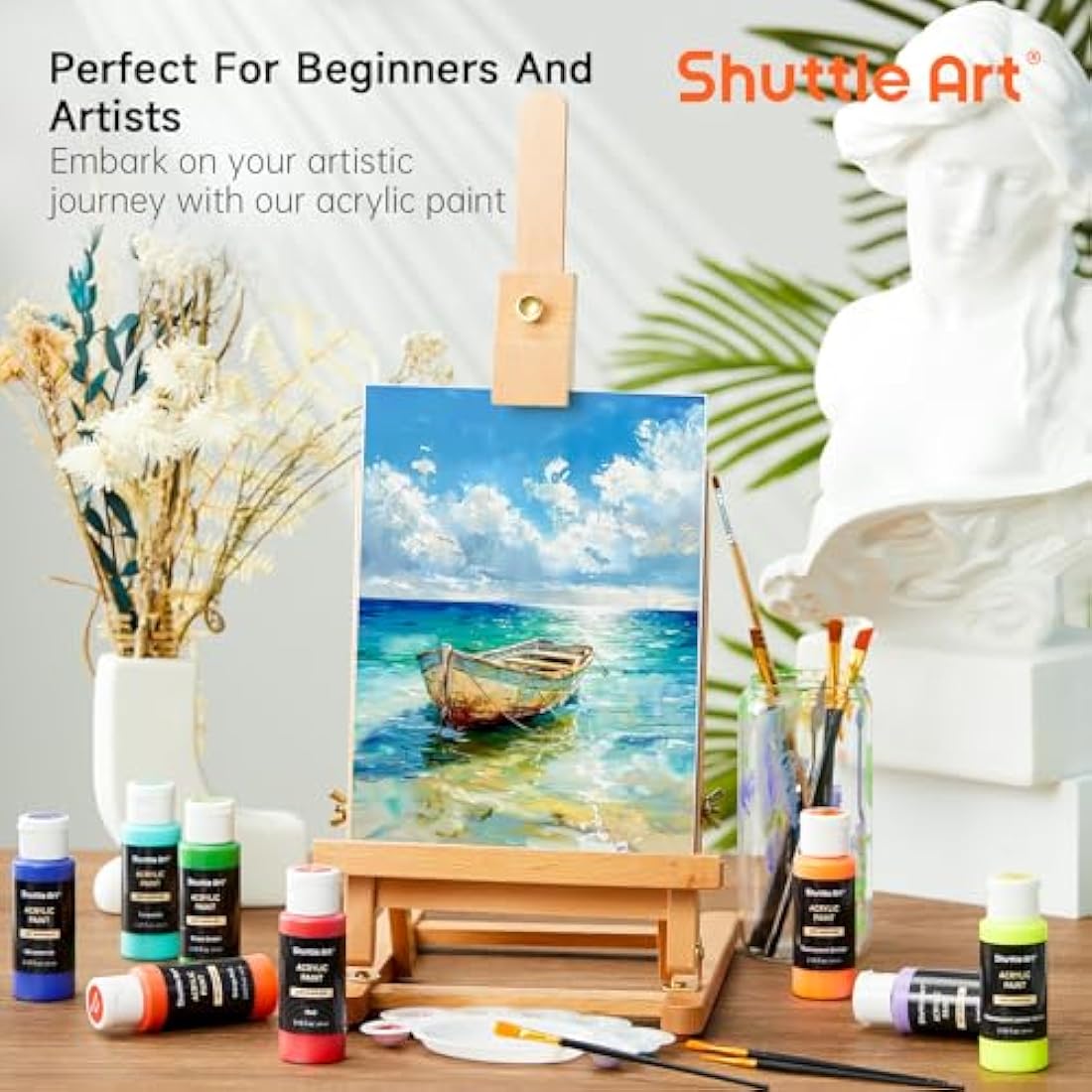 Shuttle Art Acrylic Paint Set, 36 Colours (60ml, 2oz) with 12 Brushes & 1 Palette, Craft painting, Rich Pigments,Non-Toxic for Artists,Beginners and Kids on Rocks, Crafts, Canvas,Wood, Fabric, Ceramic