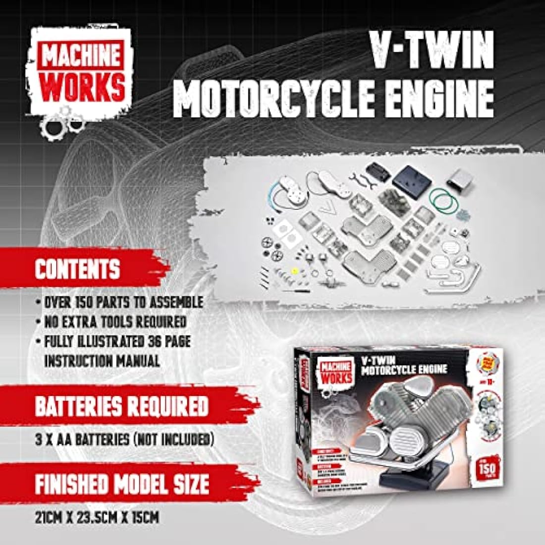 Machine Works Bulld Your Own V-Twin Motorcycle Engine Toy - Replica Model Building Kit - Features Sounds and Illumination, 150+ Pieces, 10+ Years