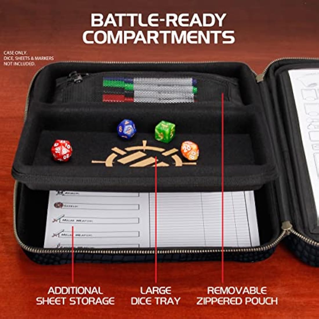 ENHANCE Collector's Edition RPG Organizer Case - DND Binder with Built-in Character Sheet Holder and Erasable Scribe Panel, Dice Rolling Area, Removable Pen Pouch, Miniature Foam Tray (Dragon Black)
