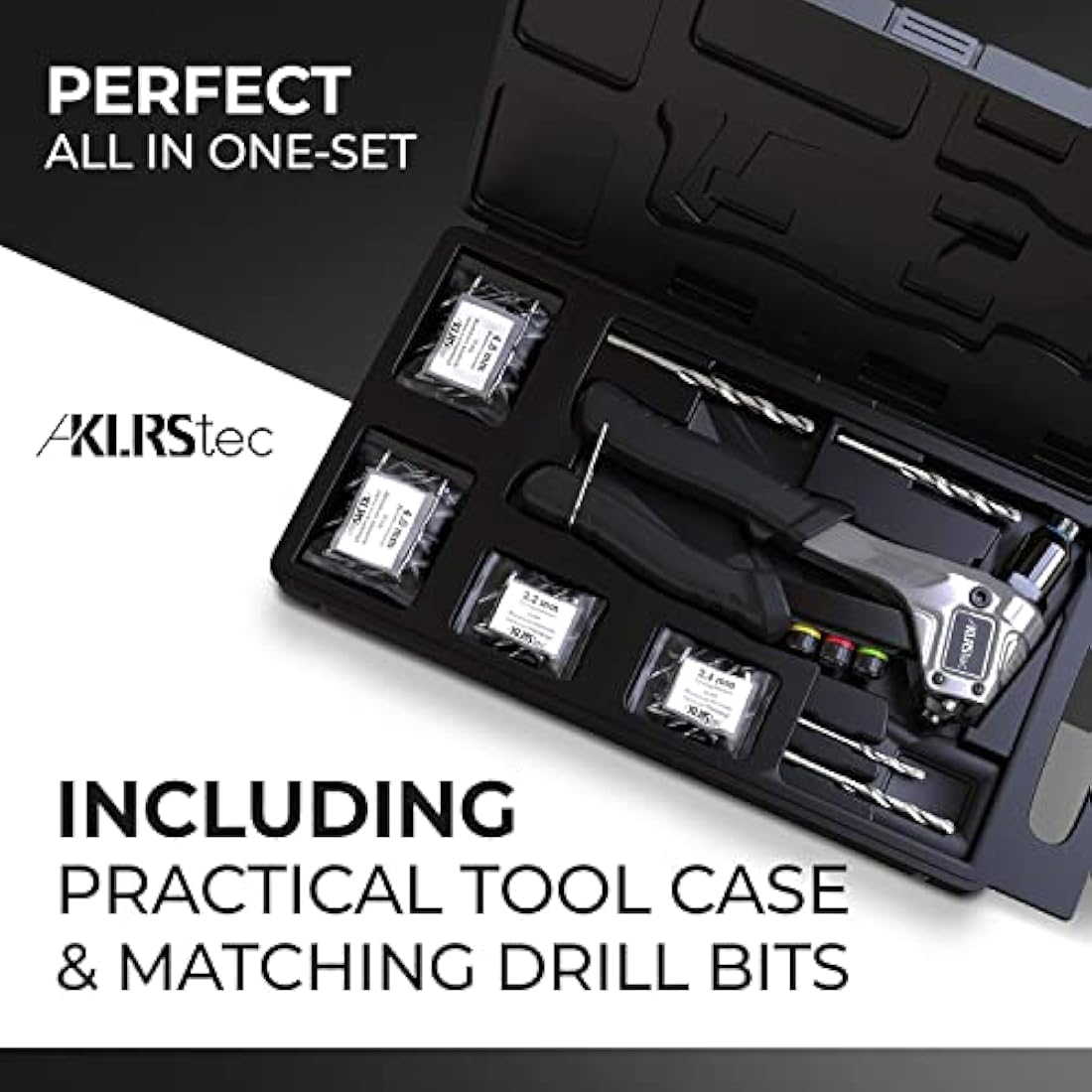 KLRStec® Professional Rivet Gun Kit incl. 120 Pop Rivets and 4 HSS Drills - High Quality Pop Rivet Tool Kit for Processing Pop Rivets