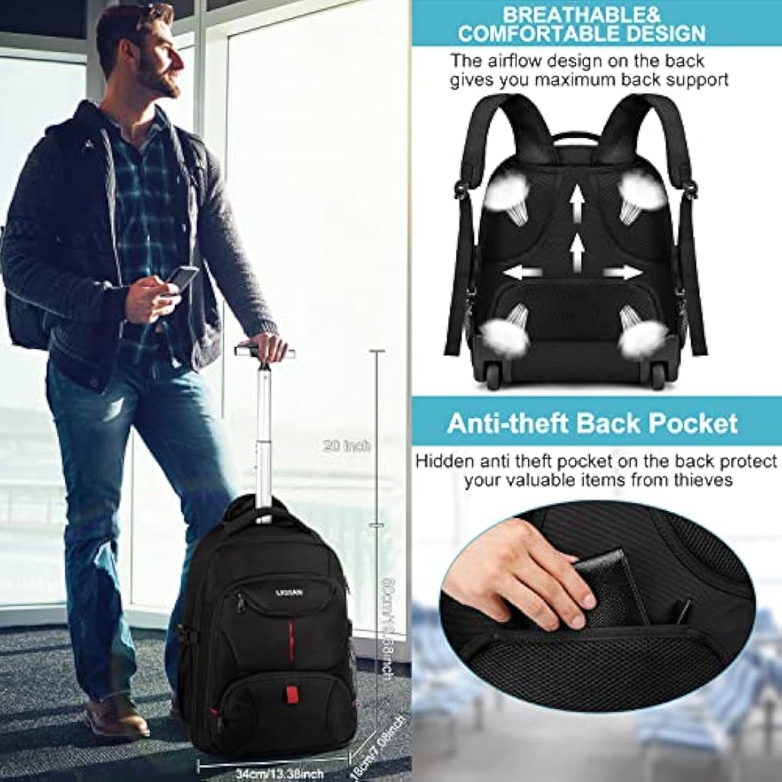 LIGSAN Travel Backpack with Wheels, 17inch Wheeled for Men Women Rolling Laptop Bags on Wheels Waterproof Rucksack Cabin Bag Trolley Suitcase Business College School Bag, Black
