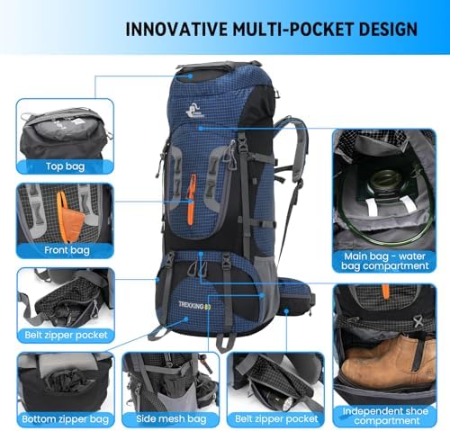 Bseash 80L Waterproof Hiking Camping Backpack with Rain Cover, Large Capacity Outdoor Sport Travel Daypack Rucksack for Climbing Skiing