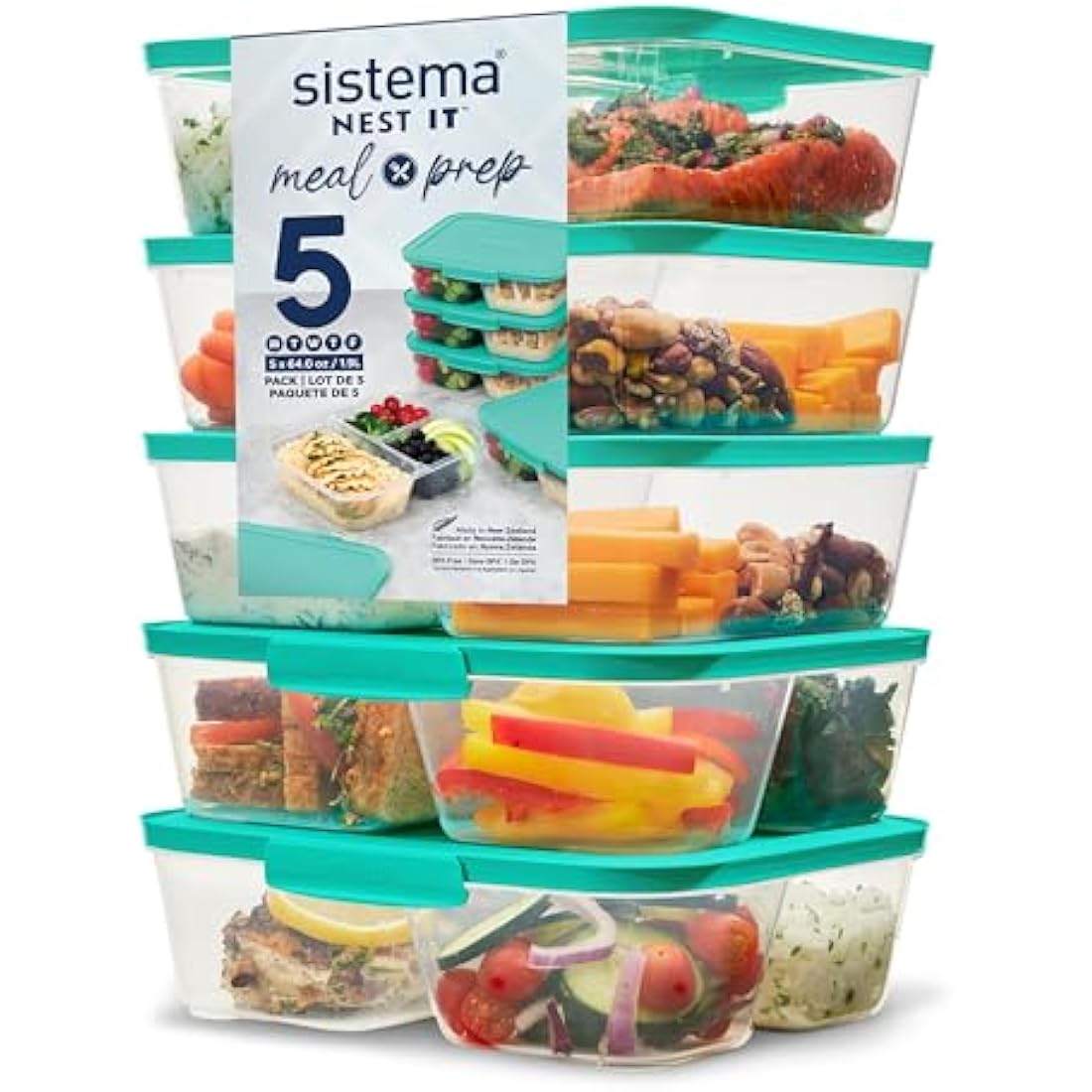 Sistema NEST IT Meal Prep Containers | 1.9 L | Airtight Food Storage Containers with Compartments & Lids | School Lunch Boxes | Green | 5 Count