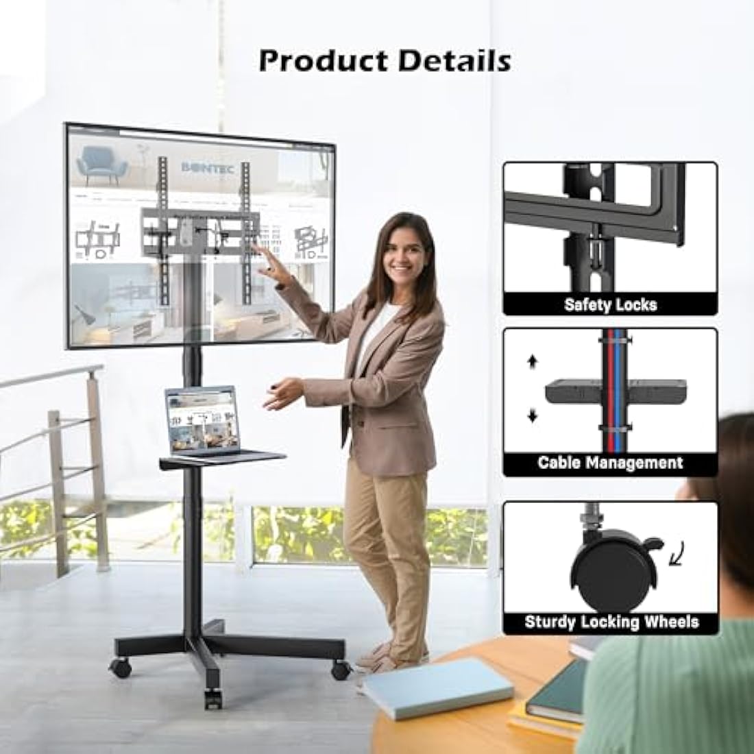 BONTEC Mobile TV Stand on Wheels, Rolling TV Cart with Media Shelf, TV Mount Stand with Tilt, 2-Level Height Adjustable Low-Profile Design for 23–60in LED/LCD/OLED TVs, Holds 25kg, Max VESA 400x400mm