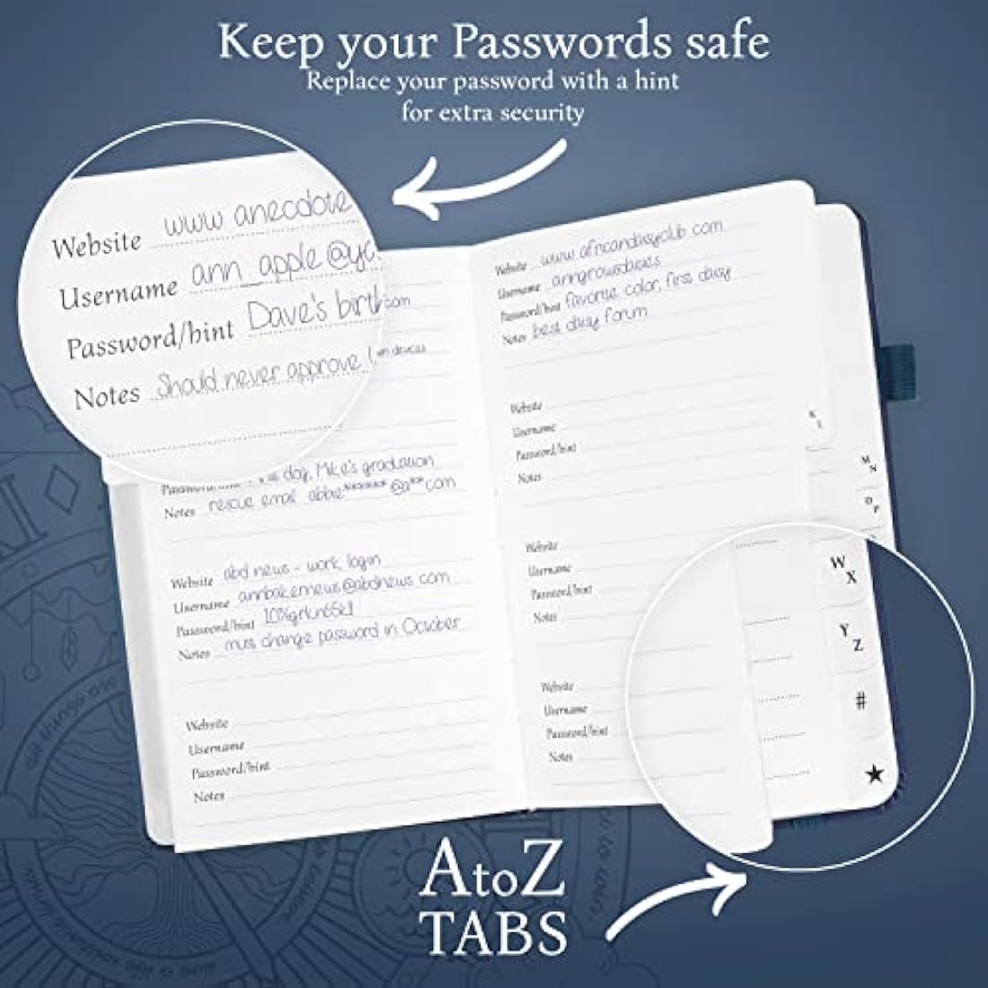 Legend Planner Password Book with Alphabetical tabs. Internet Address Keeper Logbook. Journal for Website Logins, Medium 13x19.5cm (Mystic Blue)