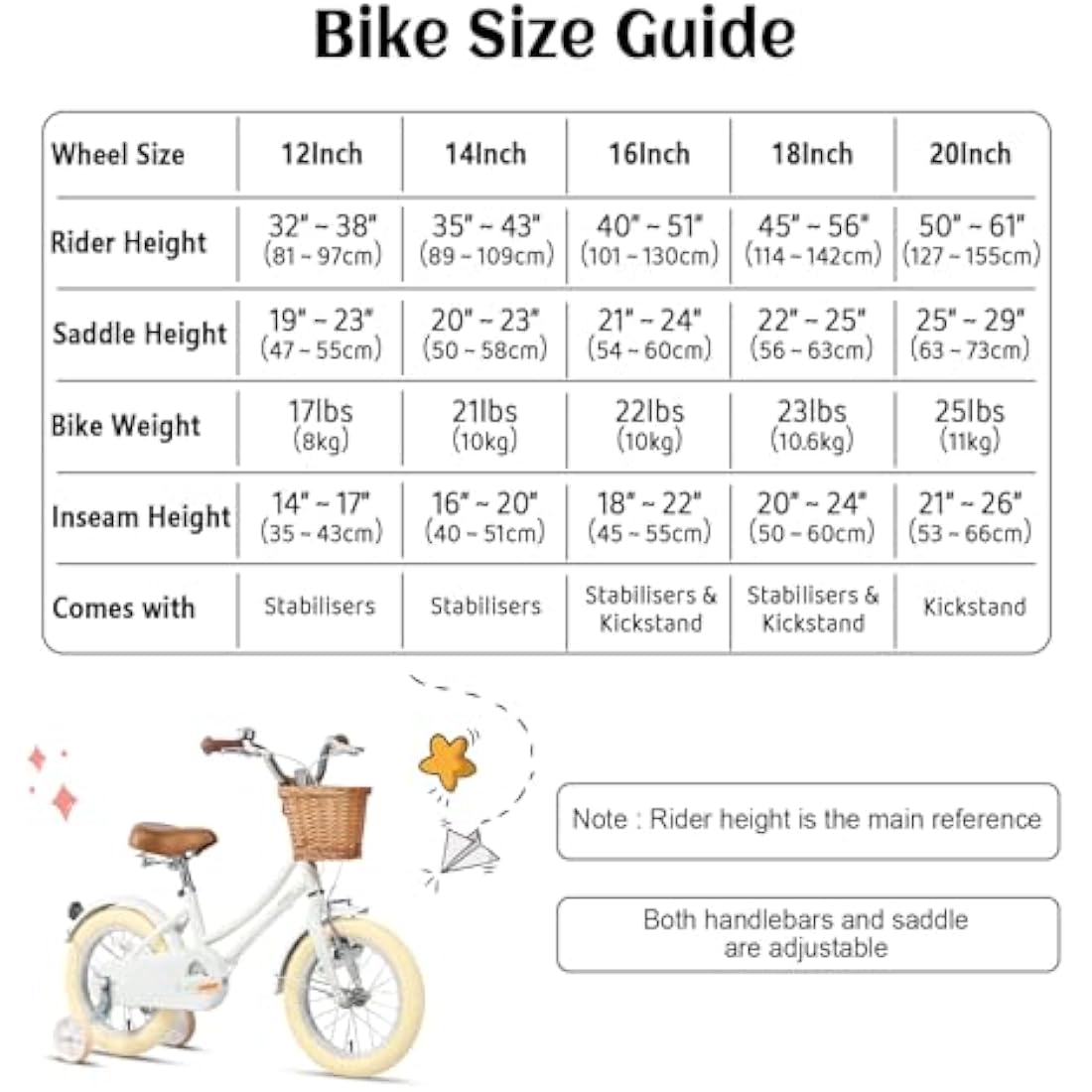 Glerc Little Molly 16 Inch Kids Retro Girls Bike for 2-13 Year Old with Wicker Basket & Stabilisers/Kickstand, Multiple Colors