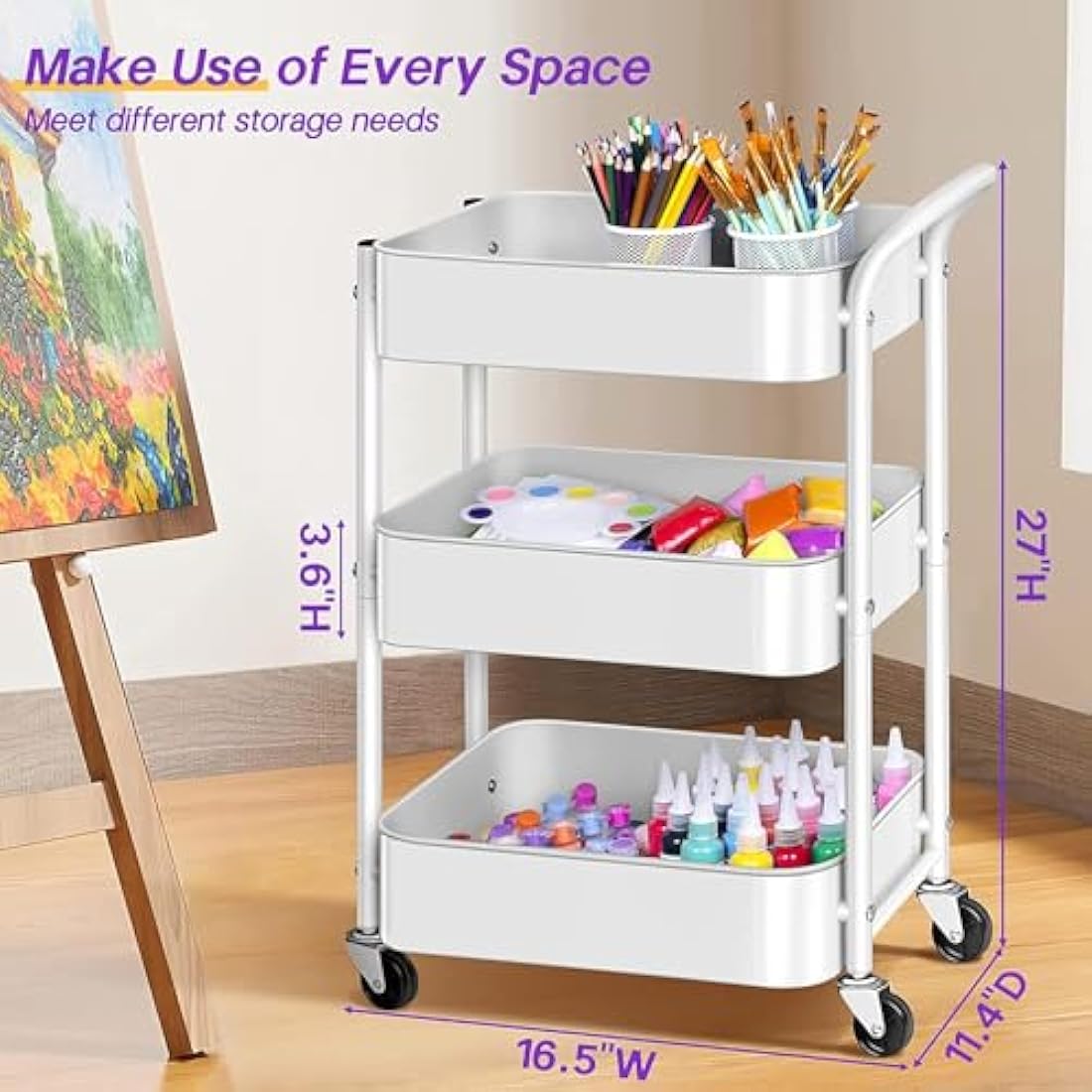 MISSLO Utility Cart 3 Tier Rolling Cart with Wheels and Handle, Under Desk 27" Height Small Metal Storage Trolley Organizer Rack Shelf, Mobile Book Art Cart for Office, Kitchen, Bathroom (White)