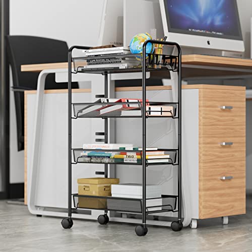 Rolling Cart Storage Trolley - 4 Tier Kitchen Storage Organizer Utility Cart Full Metal Basket Storage Art Trolley Carts with Wheels & 4 Side Hooks (Black)