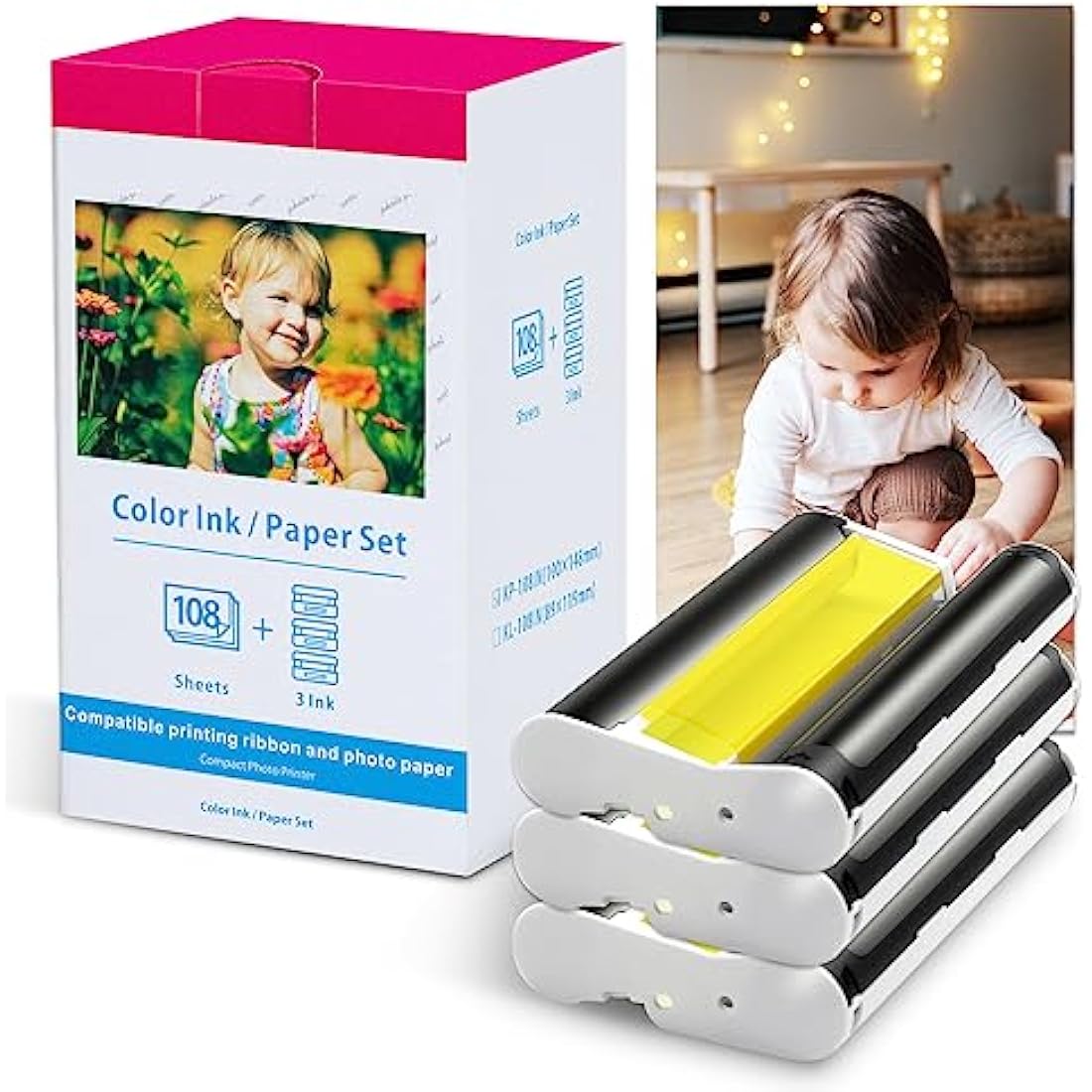 Compatible Canon Selphy CP1300 CP1000 CP1200 CP910 CP810 Ink and Paper Set KP-108IN Photo Cartridge for Selphy CP Series Printers,108 Sheets Paper (4 x 6 inch), 3 Color Ink Cartridges