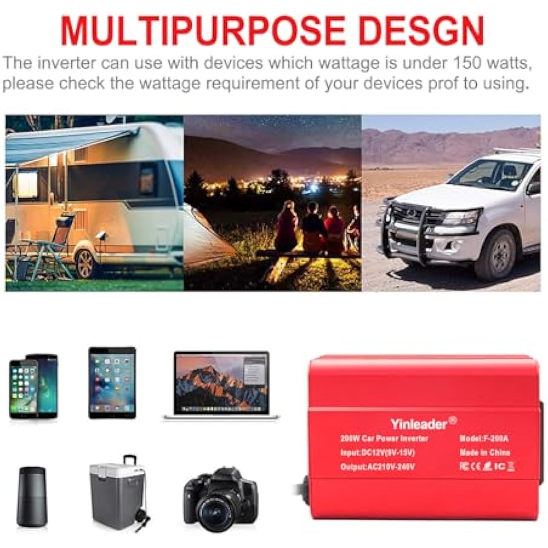 Yinleader Power Inverter 200W 12V to 240V UK Socket Dual USB DC TO AC Converter Car Cigarette Adapter