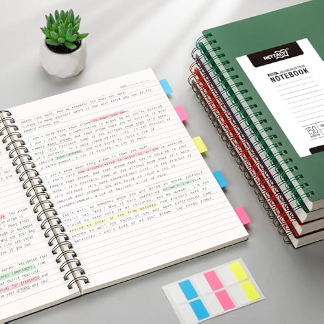 RETTACY A4 Notebook, Notepad, Wirebound Spiral Notebooks 300 pages/150 Sheets for Writing,100gsm College-Ruled Paper, Retro PVC Cover, for Women Men Work Office School,21.5 x 27.9cm - Dark green