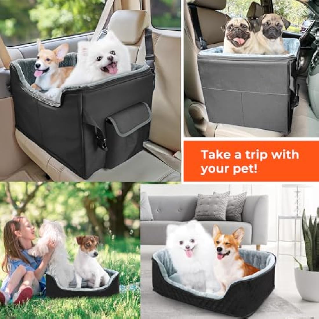 Babenest Dog Booster Car Seat, Extra Stable Pet Booster for Small to Medium-Sized Dogs Cats with Safety Leash, Washable Puppy Travel Car Seat Protector with Storage Pocket for Back Front Seat(M Black）