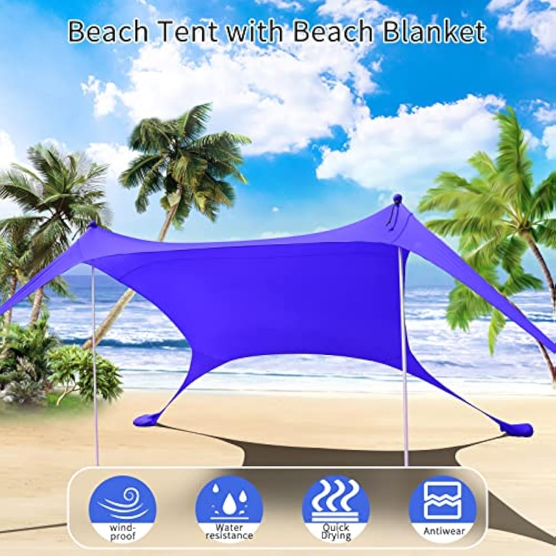 CUUPO 77 FT Beach Tent Sun Shelter UPF50+ UV Protection, Outdoor Canopy Tent Sun Shade with 2 Poles for Camping, Fishing, Backyard and Picnics with Sandproof Beach Blanket Royal Blue