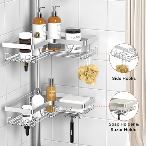 Kegii Shower Caddy - Telescopic Shower Storage Corner Bathroom Caddy, Adjustable No Drilling Shower Shelf With 4 Baskets, Silver