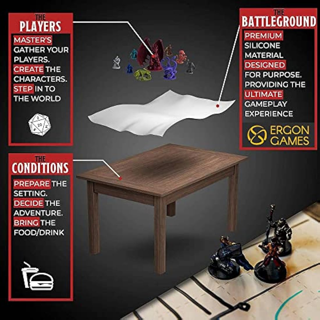 Battle/Game Mat for DnD/D & D Map Dry Erase Anti-stain, Gravity-flat Surface Multi-portable 1 inch Square/Hex Grid 36 x 24 inch Play Dungeons and Dragons, Warhammer 40k, RPG Tabletop