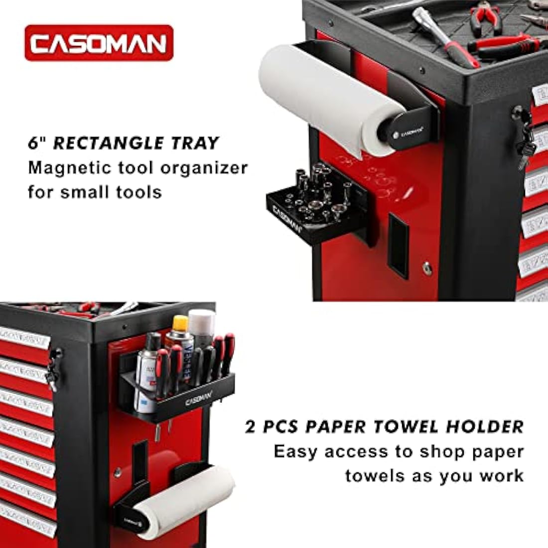 CASOMAN Magnetic Toolbox Shelf, Tray, Paper Towel Holder, 4-Piece Set, Black, Variety of Use, Durable, Magnets any metal surface
