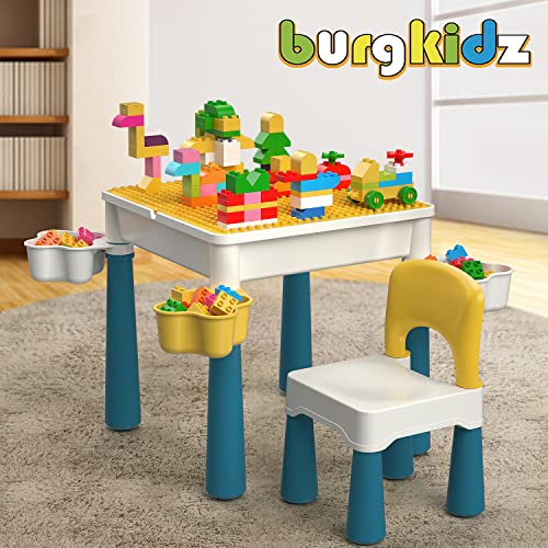 burgkidz Kids Building Blocks Table and Chair Set, Multi-Activity Table with 1 Chair and 130 Pieces Large Building Blocks, Creativity Bricks