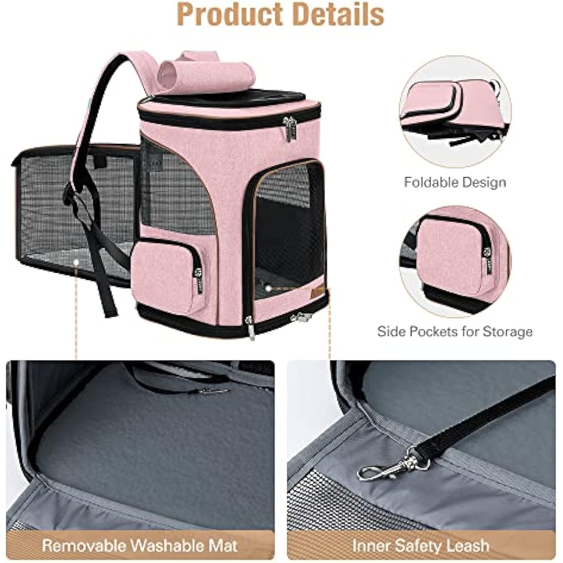 Lekesky Expandable Cat Carrier Backpack - Portable Breathable Rucksack for Medium and Small Cats & Dogs, Foldable with Inner Escape-proof Leash and Pet Mat, Supports 20 lbs (Pink)