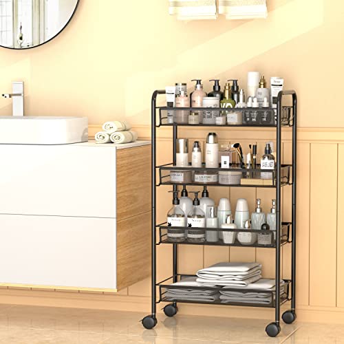 Rolling Cart Storage Trolley - 4 Tier Kitchen Storage Organizer Utility Cart Full Metal Basket Storage Art Trolley Carts with Wheels & 4 Side Hooks (Black)