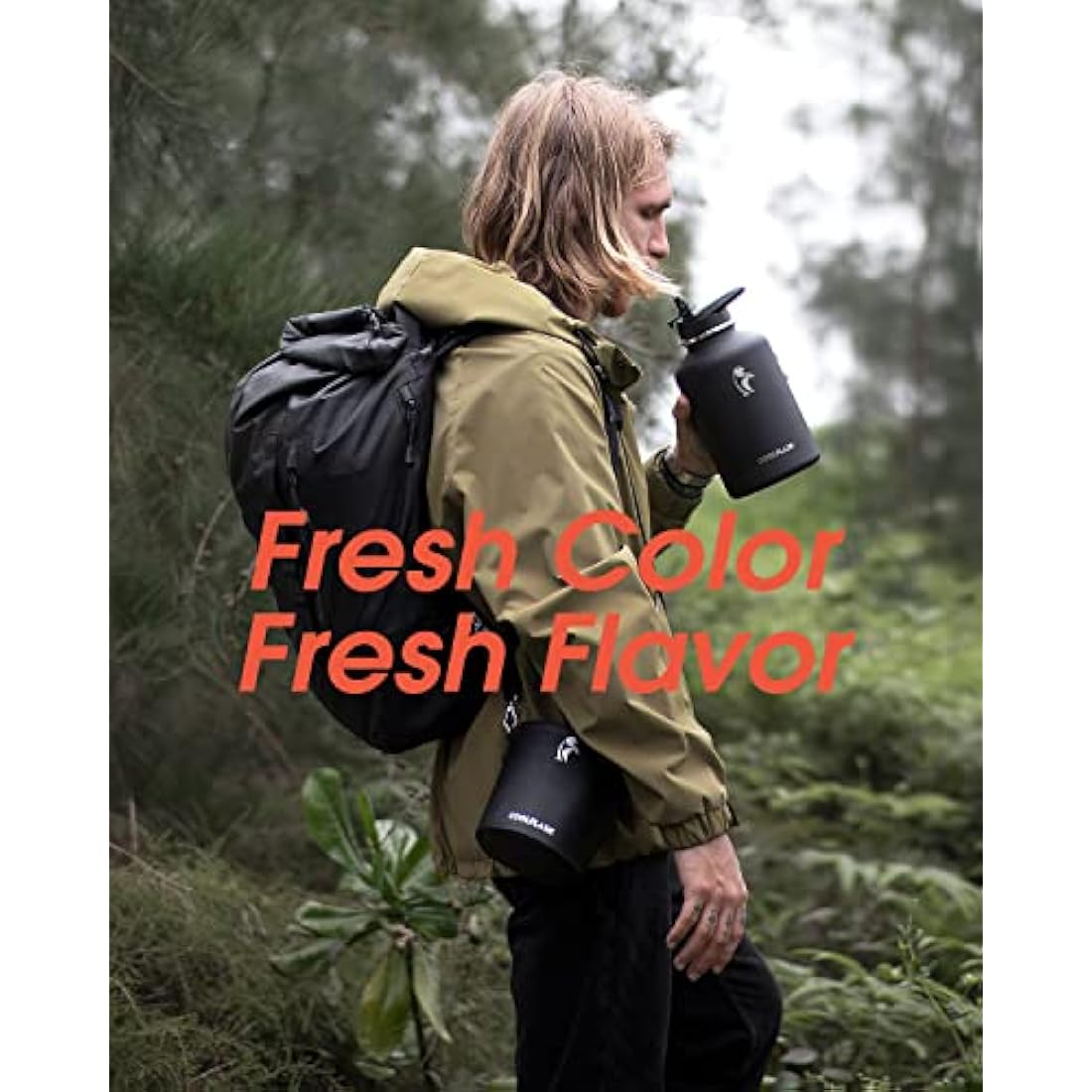 Coolflask 2L Water Bottle Stainless Steel with PU Leather Sleeve, Half Gallon Insulated Water Bottles with Straw Lids, Stainless Steel Metal Large Water Jug, Keep Cold 48h Hot 24h, Polar Black