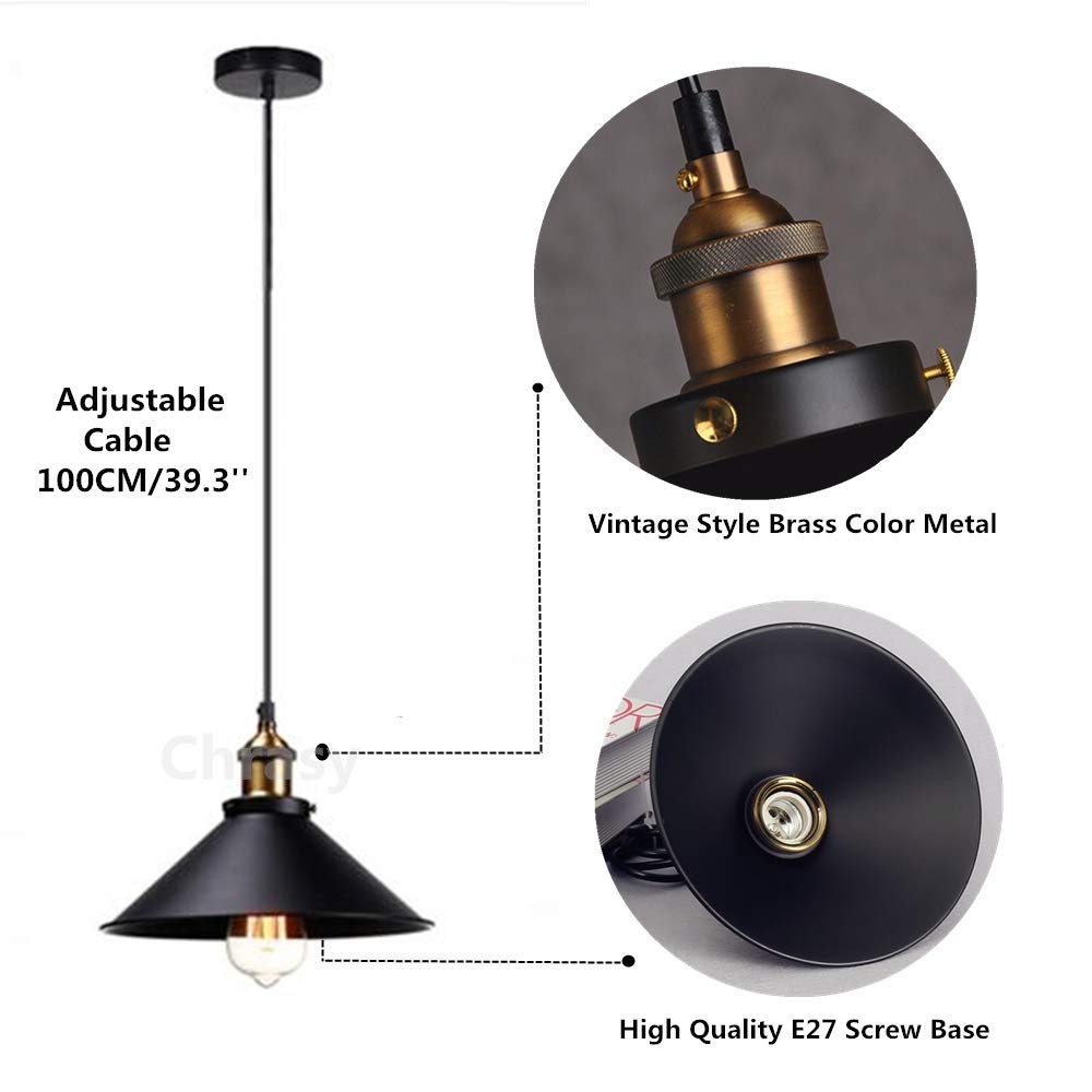 Chrasy 2 Packs Vintage Ceiling Light Industrial Style Pendant Lighting Edison Black Metal Lamp Shade Lighting Fixture for Kitchen Living Room