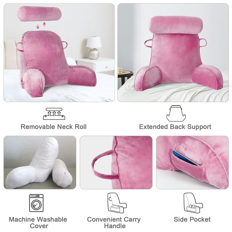 Mingfuxin Reading Pillows for Bed Sofa, Bed Backrest Pillows with Neck Arm Back Support Pillow, Adult Back Reading Cushion with Detachable Neck Roll &