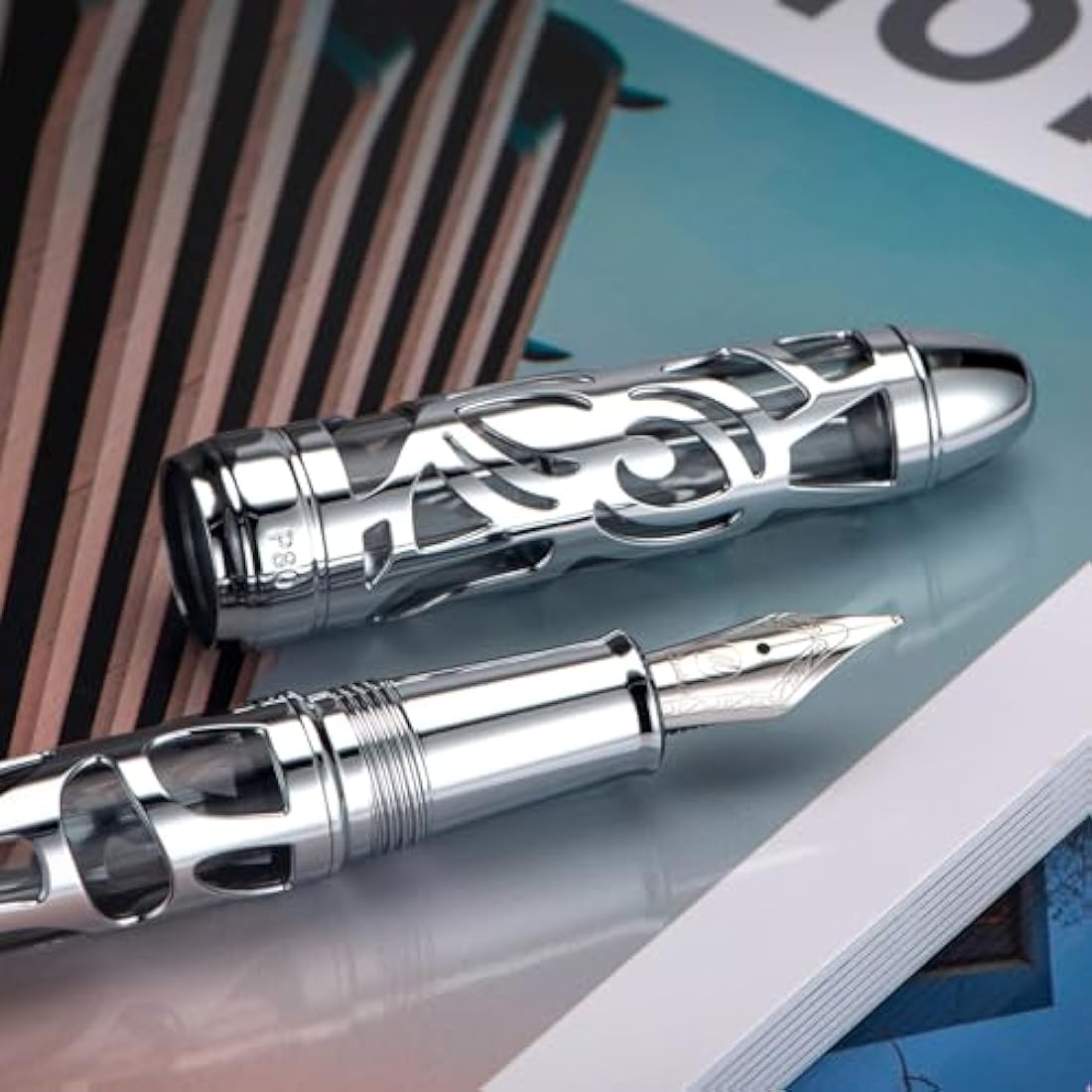 Asvine P80 Piston Filling Fountain Pen Fine Nib, Spider Skeleton Transparent Gray Acrylic Pen Case and Wrench Set