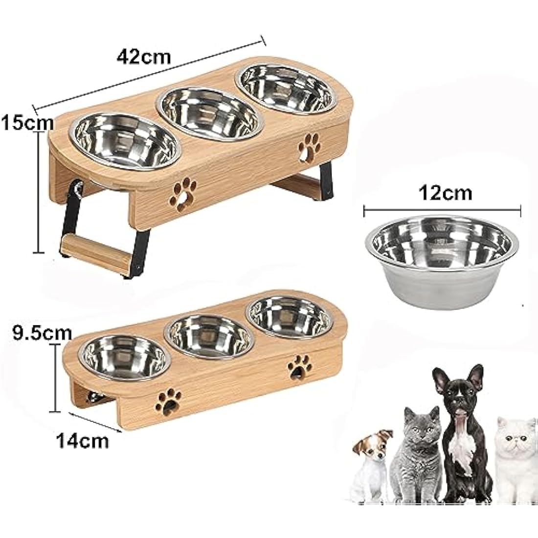 GHIAKQYT Raised Feeding Bowls - Cat Feeding Station 3 Bowls Raised Cat Bowl Height Adjustable Feeding Bowl Feeding Bar with Stand Stainless Steel Bowls for Water Food - Feeding Bowl for Cats (Bamboo