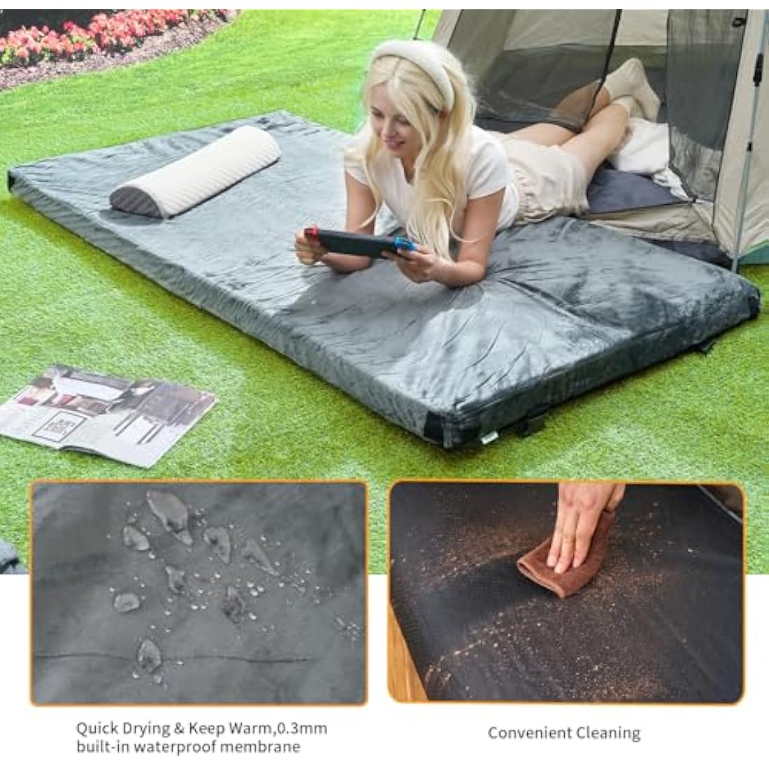 Memory Foam Camping Mattress With Waterproof Velvet Cover,Travel Car Camping,Portable Roll Up Mats,Twin/Single/Cot Size | Indoor Floor Mats, Guest Bed Pads with Carry Bag Removable Cover
