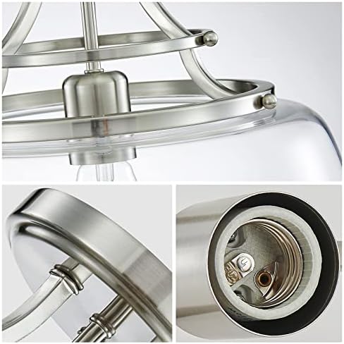 WUZUPS Chandelier Rustic Farmhouse Industrial Round Semi-flushmount Ceiling LED Light Fixture with Clear Glass Shades for Bathroom Kitchen Foyer Entryway, H 30 x W 34, E27 Base, Brushed Nickel