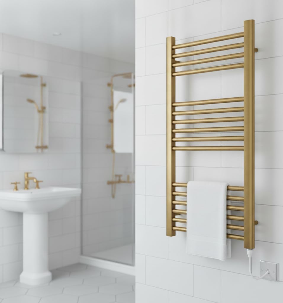 Greened House Brushed Brass Electric Heated Towel Rail 300mm W x 800mm H