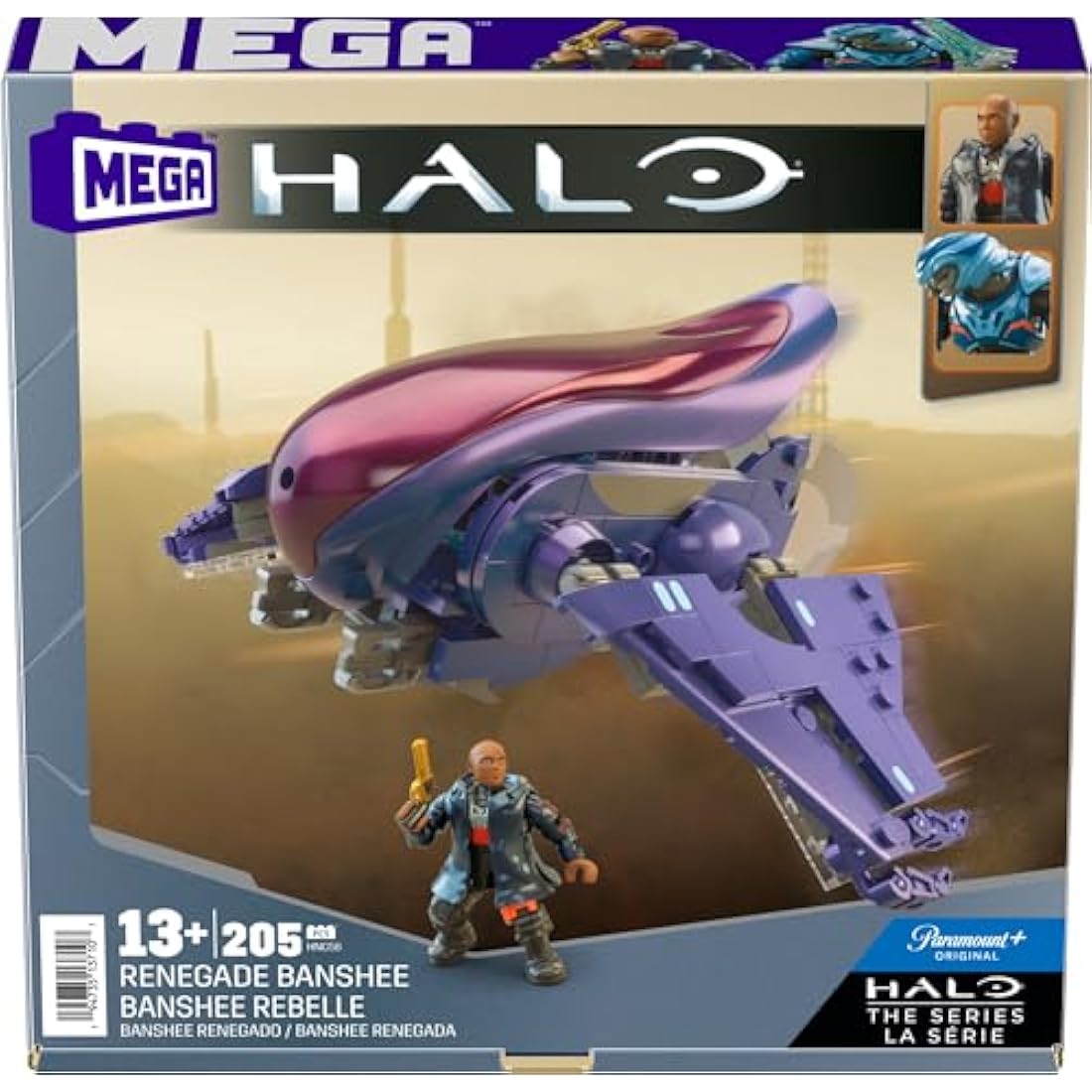 MEGA Halo The Series Vehicle Building Toys Set, Renegade Banshee Aircraft with 205 Pieces, 2 Micro Action Figures, Purple, Kids and Fans, HNC56