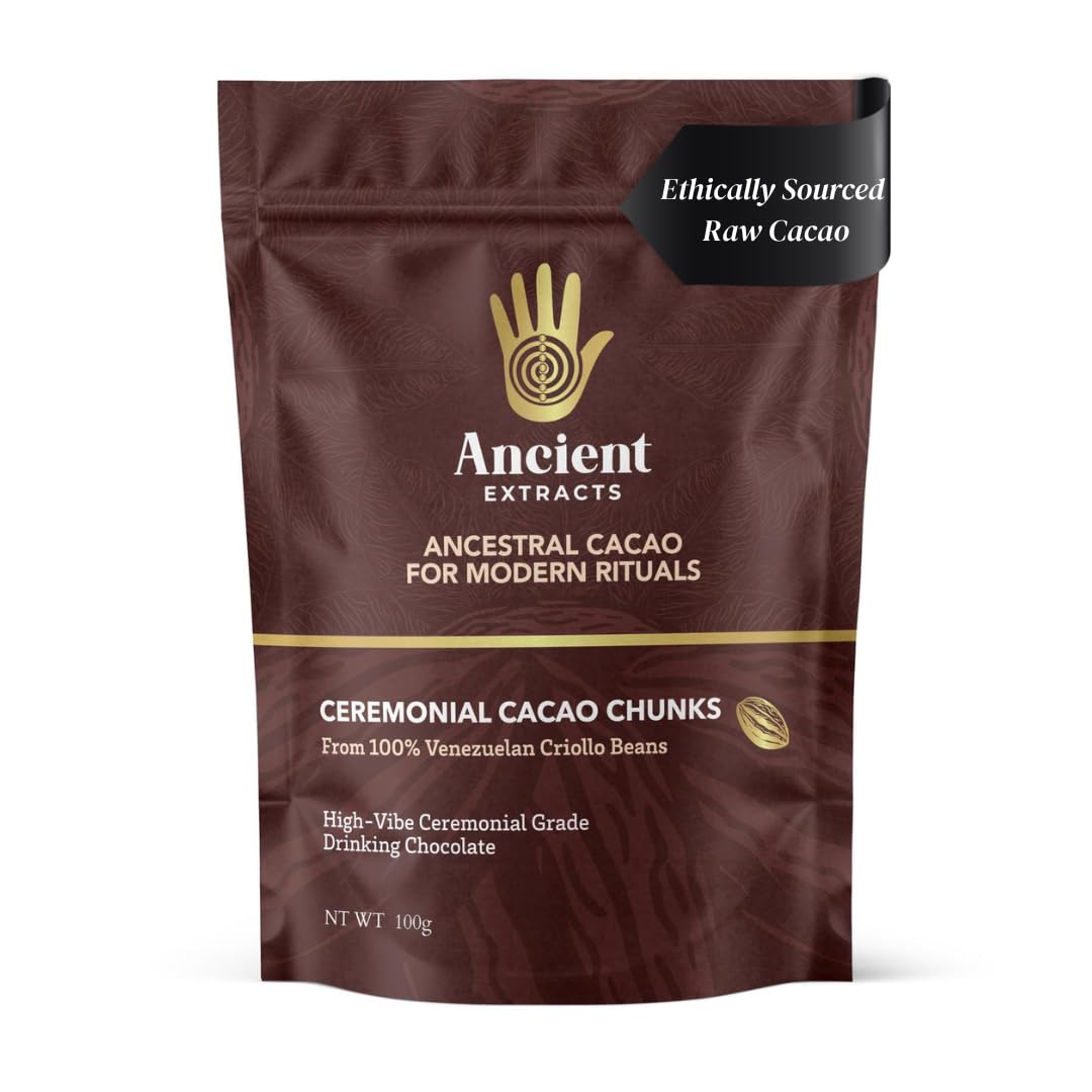 Ancient Extracts Ceremonial Cacao Chunks, Venezuelan Criollo, Raw, Fair Trade, Vegan, GMO-Free, 100g For Drinking Ceremonies and Heartwarming Rituals