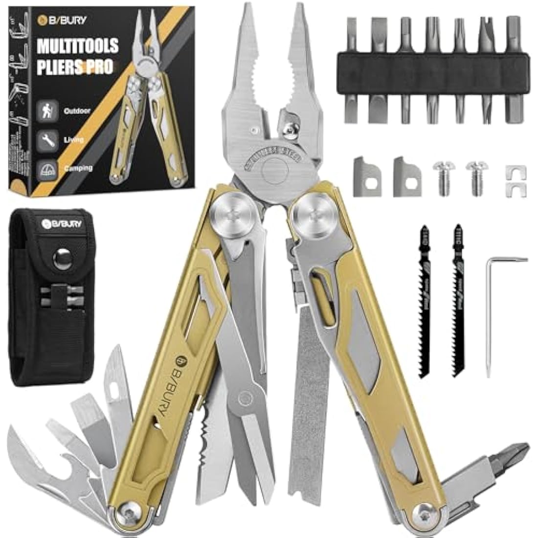 BIBURY Multitools, Multi Tool Foldable Pliers with Upgraded Scissors and Screwdriver Set, Stainless Steel Multitools, Ideal for Camping, Outdoor, Repairing -Gift for Dad Men -Titanium Plating Gold Pro