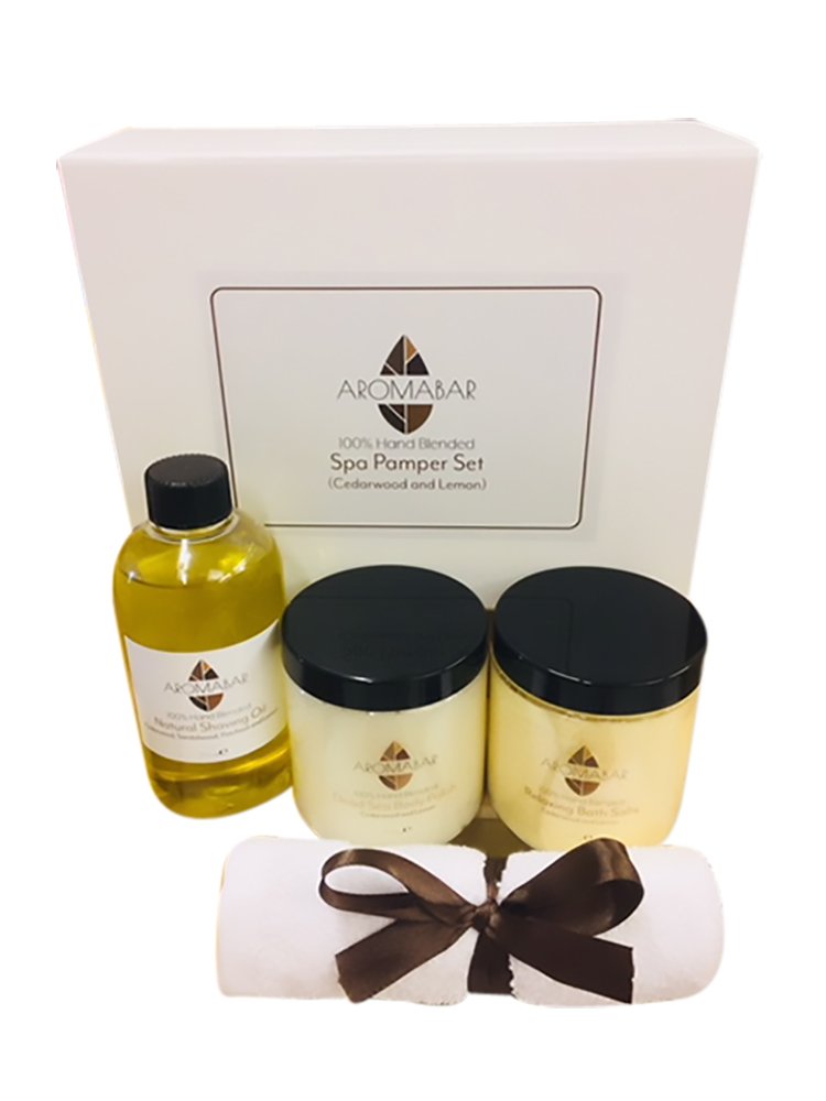 Spa Pamper Gift Set Cedarwood & Lemon with Shaving Oil, Body Scrub and Bath Salts