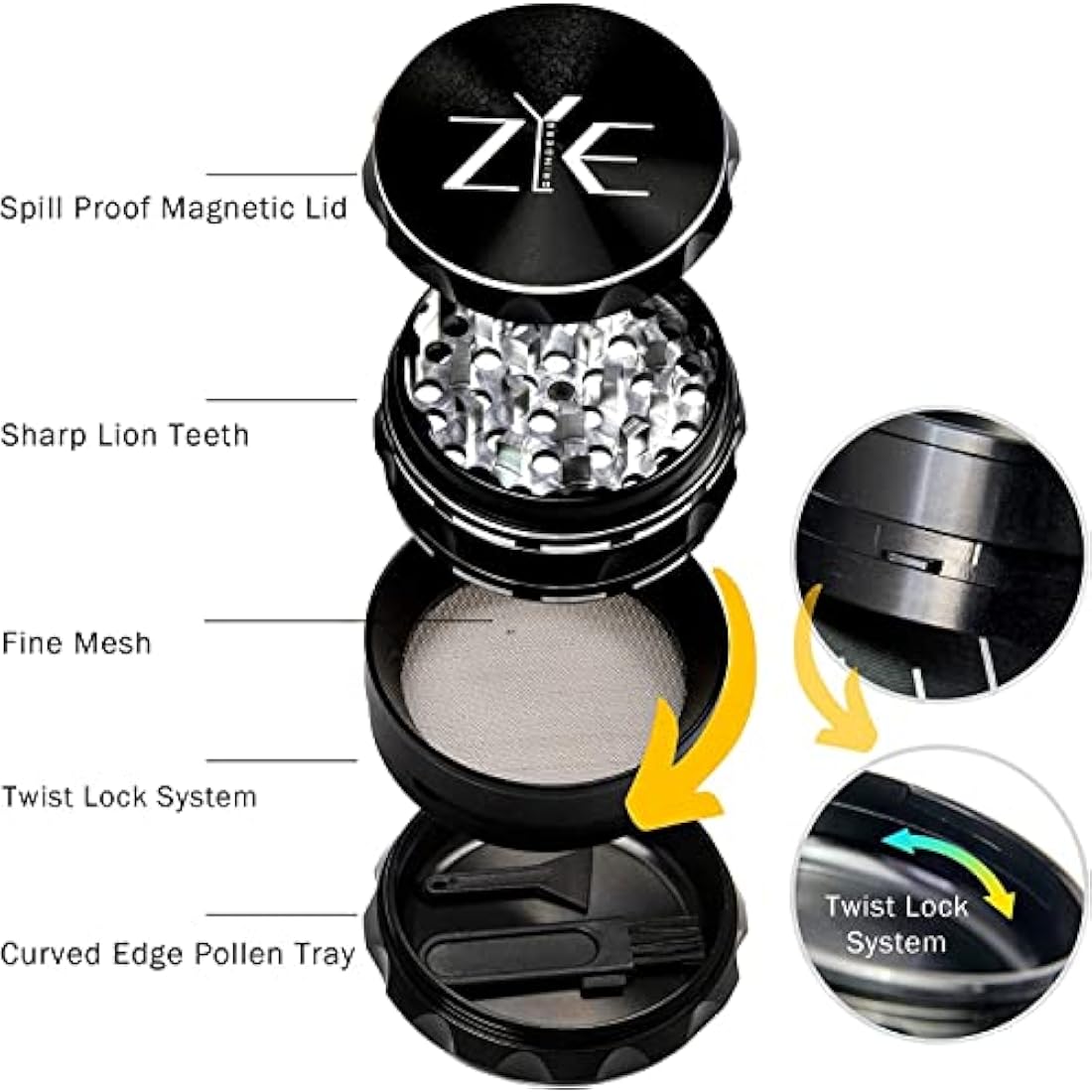 ZYE Herb Grinder – Quality Aluminium w/Ultra Sharp Teeth – Large 2.5" 4 Piece w/Twist & Lock Storage Layer – No Flaking and Non-Stick - Silver