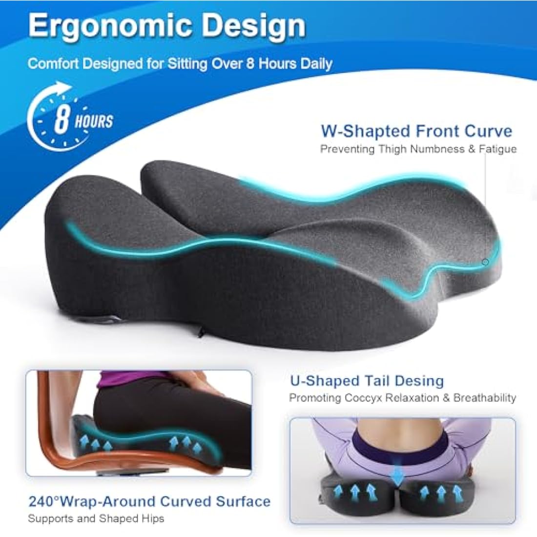 Seat Cushion Office Chair Cushions Memory Foam Coccyx Cushion Pressure Relief for Hip, Tailbone, Coccyx, Sciatica,Ergonomic Seat Cushion Pad for Desk Chair, Wheelchair, Car Seat for Long Sitting