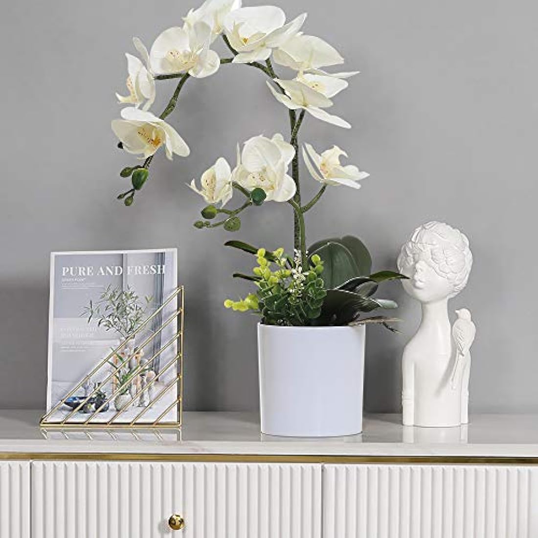 Olrla White Artificial Orchid Flowers in Pot, Faux Butterfly Orchids for Home Office Bathroom Decoration Table Centerpieces (White 2)