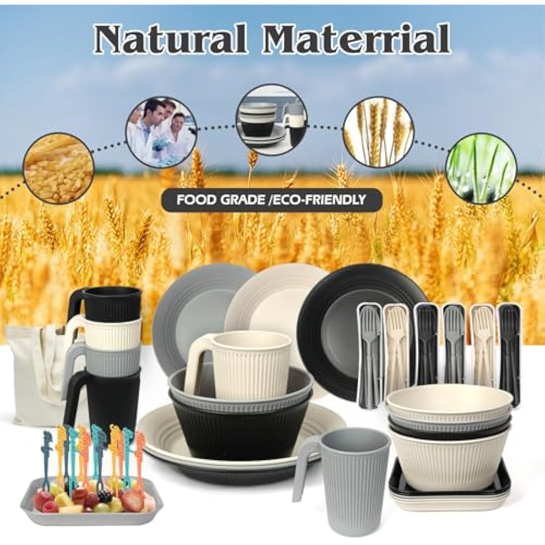 UHAPEER 67Pcs Camping Dinner Set for 6 People,Plastic Picnic Dinner Sets,Unbreakable Plastic Dinner Plates,Bowls,Cups Set,Camping Plate Set,Picnic,BBQ,Party,Campervan, Kitchen Equipment