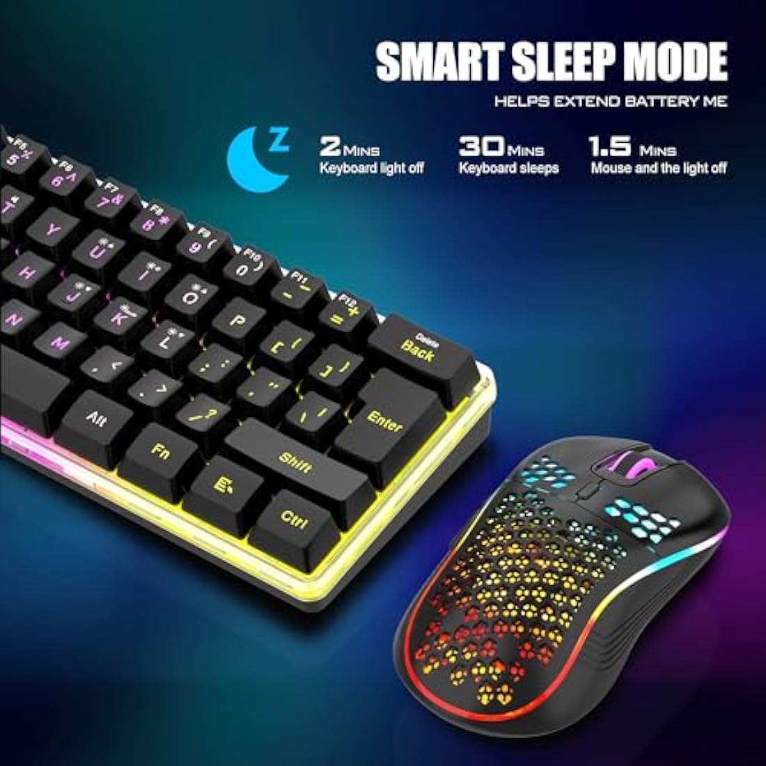 RedThunder K62 Wireless 60% RGB Gaming Keyboard and Mouse Combo, UK Layout 62 Keys Ultra Compact Backlit Mini Keyboard, Lightweight Cellular Optical Mouse, Portable Set for PC PS5 Xbox Gamers (Black)